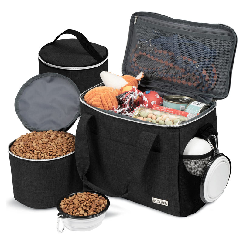 BAGLHER Dog Travel Bag Backpack Pet Supplies Backpack Pet Accessories Storage Bag 5-Piece Set with Shoulder Strap 2 Lined Pet Food Containers 4 Foldable Feeding Bowls Essential Kit for Pet Travel Black Medium - PawsPlanet Australia