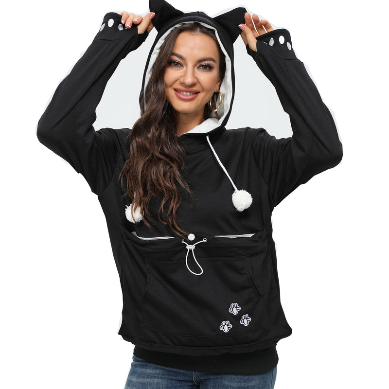BOMBAXCEIBA Fleece pet Cat Small Day Pouch Hoodie Carrier Holder Carrying Sweatshirt Kangaroo Pocket Medium Black-a - PawsPlanet Australia