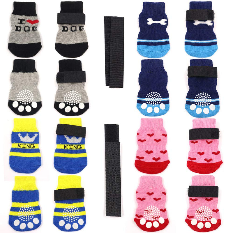 4 Pairs Anti-Slip Dog Socks and Cat Socks with Rubber Reinforcement and 8 Small Straps, Indoor Wear Pet Paw Protector for Hardwood Floors Cat Dogs Style 3 (M) Medium