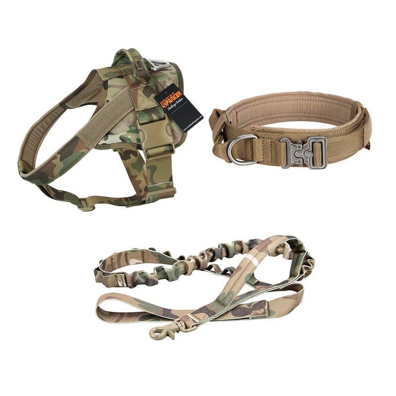 Large Tactical Dog Collar Adjustable Small Tactical Dog Harness and Bungee Dog Leash with Handle - PawsPlanet Australia