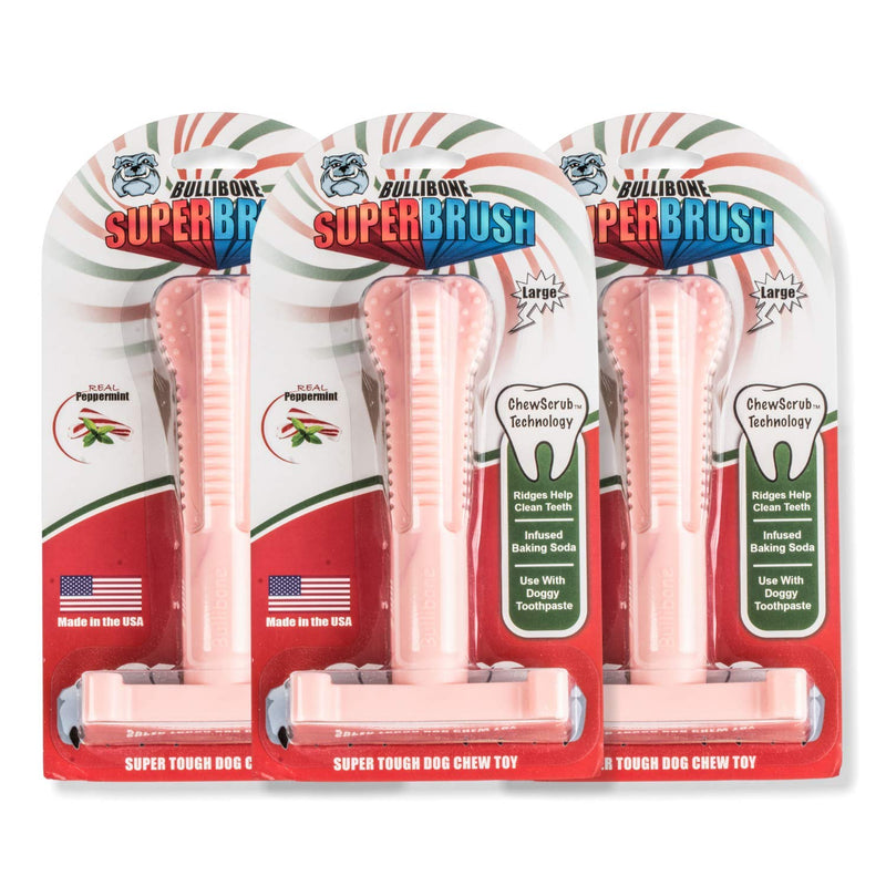 Bullibone SuperBrush: Dog Teeth Cleaning Brushing Toothbrush Stick - Long Lasting Nylon Pink Peppermint Chew Toy for Oral Care and Dental Health Pink Peppermint - 3 Pack Large - PawsPlanet Australia