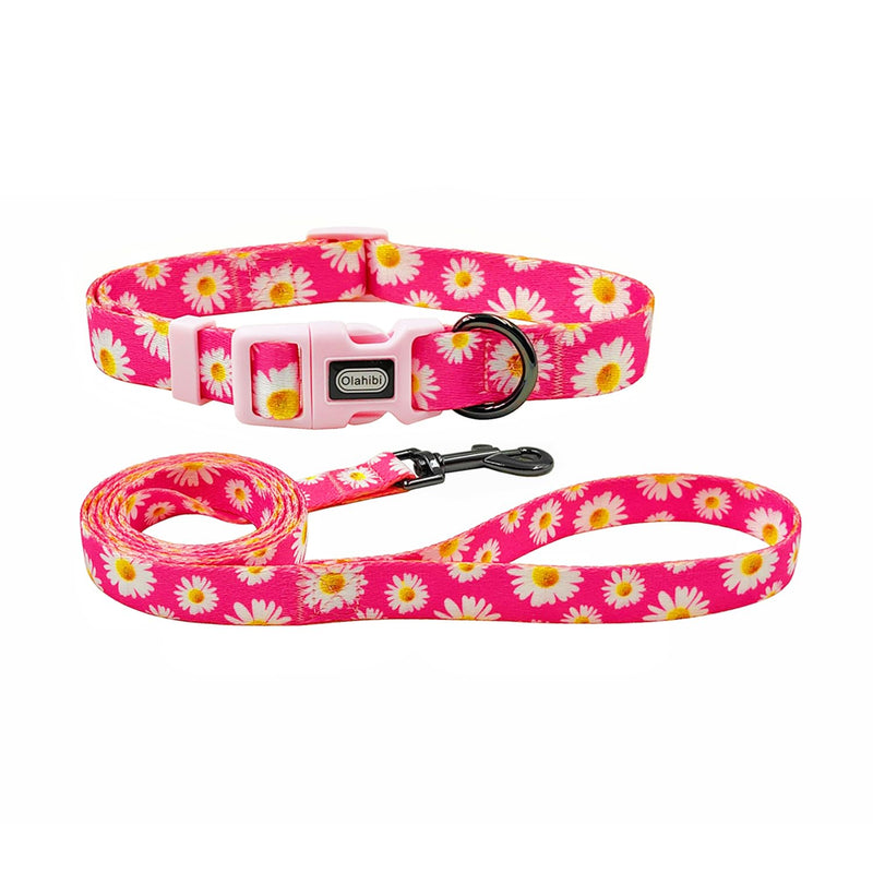 Dog Collar and Leash Set, Cute Pink Daisy Pattern, Polyester Material, 5ft Leash, for Small Dogs.(S, Daisy Set) Daisy Hot Pink