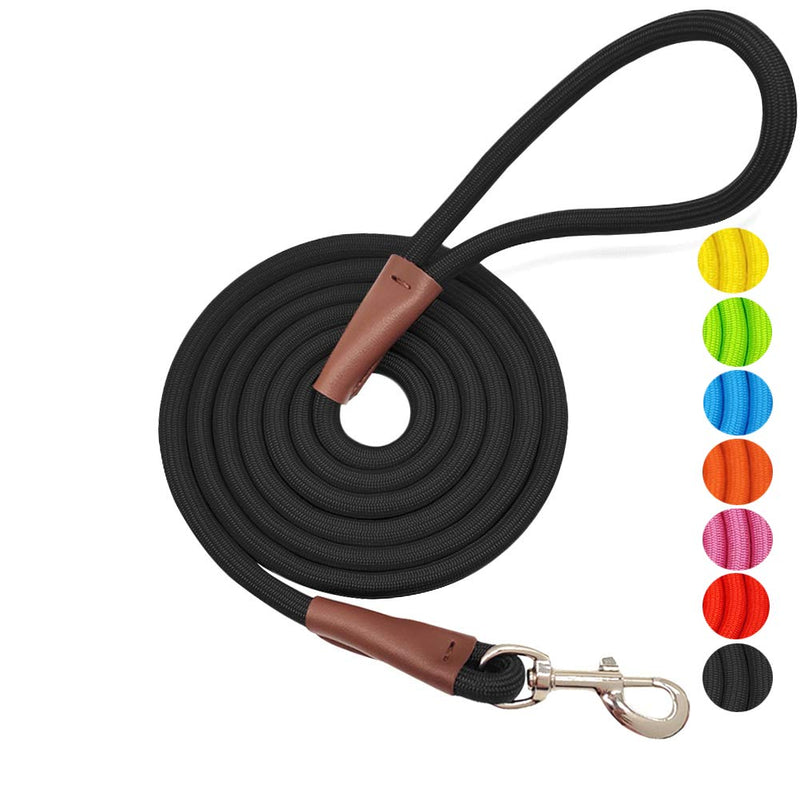 MayPaw 4FT/6FT/8FT/10FT Dog Leash, Classic Solid Colors, Strong Nylon Rope Dog Leash Reinforced with Leather Tailor Connection Heavy Duty Silver Clasp, 6 Foot Dog Leash Black 6ft*1/2" - PawsPlanet Australia