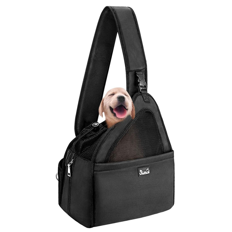 AUTOWT Small Animal Sling, Hands Free Papoose Small Dogs Cats Pet Puppy Travel Carrier Bag Tote Adjustable Padded Strap Breathable Mesh Hard Bottom Support Drawstring Opening Front Pocket Safety Belt For Pet Up to 6 lbs Black - PawsPlanet Australia