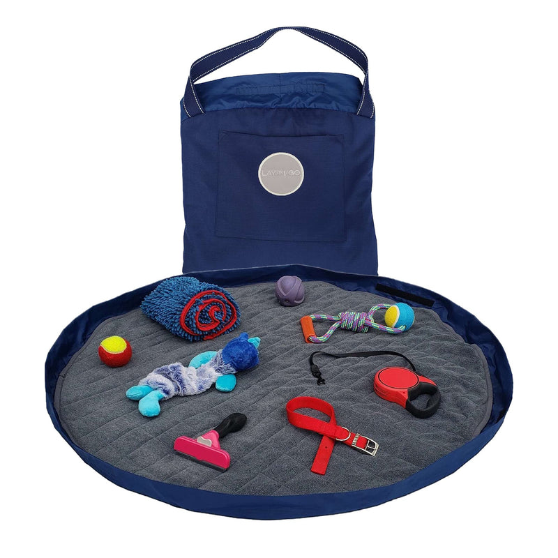 Lay-n-Go 3-in-1 Portable Large Dog Bed - Comfortable & Fleece-Lined w/Wide Strap, Zippered Pocket & More - Machine Washable, Foldable Dog Bed (44", Navy/Gray) - PawsPlanet Australia