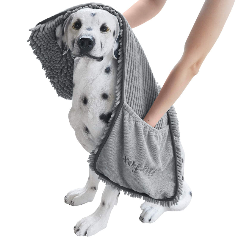 Furfox Absorbent Dog Towel, Microfiber Quick Drying Towel Machine Washable with Hand Pockets Pet Towel for Medium Large Dog 35 x 15'' Grey - PawsPlanet Australia