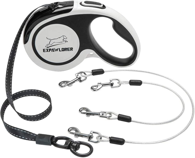 EXPAWLORER Retractable Double Dog Leash - Chew Proof, 2 No Tangle Strong Wire Ropes, 16 ft Heavy Duty Walk Leash for Medium & Large Dogs (Black & White) - PawsPlanet Australia