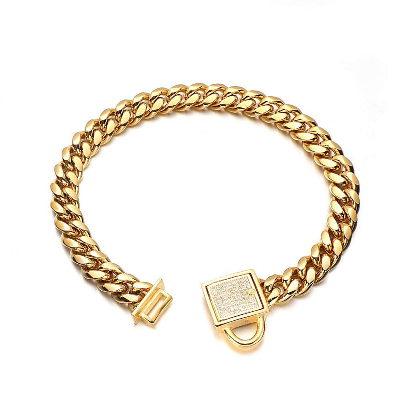 Gold Dog Chain Collar 10mm Wide Cuban Link Puppy Collar 316L Stainless Steel with CZ Diamond Lock Bling Collar for Large Medium Small Dogs(10mm Gold,12inches) Gold, width 10mm 12inch (for 9.6''~11.5'' dog's neck) - PawsPlanet Australia