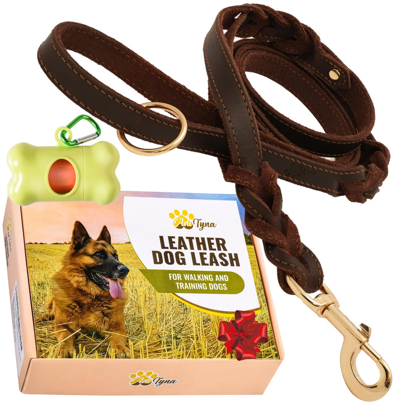 ADITYNA - Double Handle Leather Dog Leash 6ft - Heavy Duty Braided Dog Leash with Traffic Handle - Lead for Training and Walking Medium Large Breeds (Brown, Two Handles 6 Foot x 5/8") Two Handles 6 foot x 5/8" Brown - PawsPlanet Australia