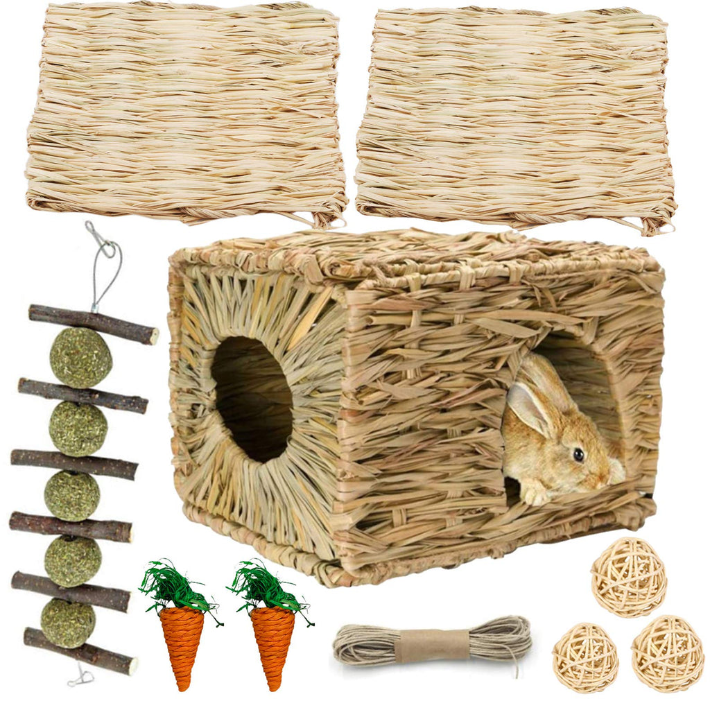 Hamiledyi Bunny Grass House with 2 Grass Mat and Play Balls Foldable Toy Hut for Rabbit, Squirrels, Guinea Pigs Play and Sleep Edible Grass Hideaway