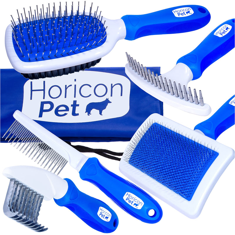 6 In 1 Premium Dog Brush Set - Dog Grooming Brushes - Ball Pin & Bristle Brush, Curved Blade Dematting Comb, Slicker Brush, Deshedding Edge Comb, Detangling Pet Comb - PawsPlanet Australia