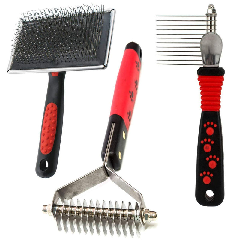 Paw Brothers Stainless Steel Large Slicker Brush, 13-Blade Undercoat Rake and 12-Blade Dematting Tool Bundle - PawsPlanet Australia