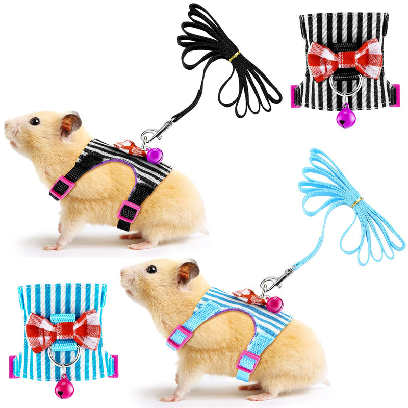2 Pieces Hamster Harness and Leash Set for Walking, Small Guinea Pig Clothes with Bowknot Bell, No Pulling Comfort Padded Vest Striped for Guinea Pig Hamster Ferret, Small Animals (Blue, Black,S) S Blue, Black - PawsPlanet Australia