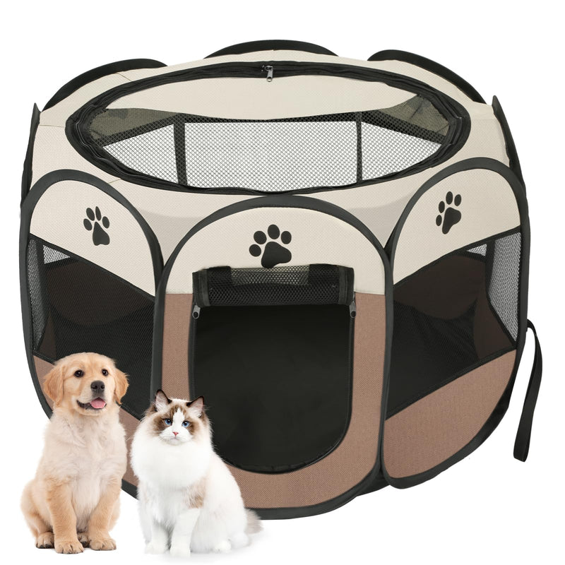 Dog playpen, Foldable Puppy Playpen, Pet Playpen Carrier Pop Up Tent 8-Panel Mesh Cover Adorable Design 600D Soft Oxford Playpen Kennel for Indoor-Outdoor Dog Cat Rabbit. (M 35" 35" 24", Brown) M 35" * 35" * 24" - PawsPlanet Australia