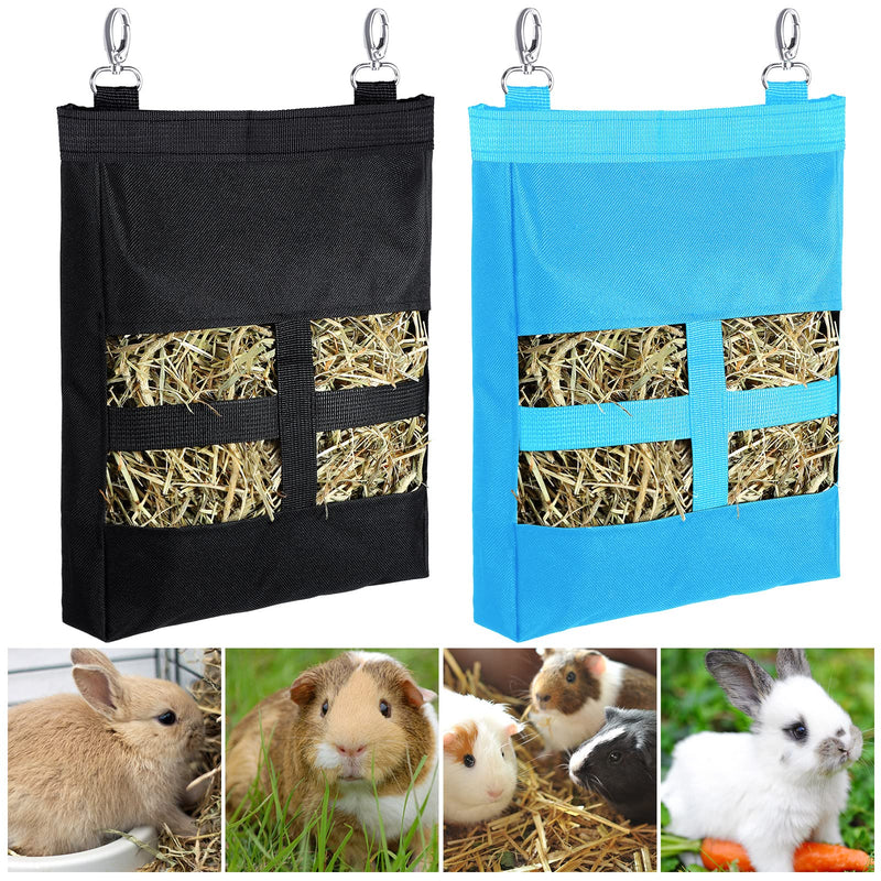 2 Pieces Guinea Pig Hay Bag Rabbit Feeding Bag Small Animal Hay Feeder Bag Hanging Feeder Sack for Rabbit Guinea Pig Chinchilla Hamsters Small Animals Hay Storage Black, Sky Blue