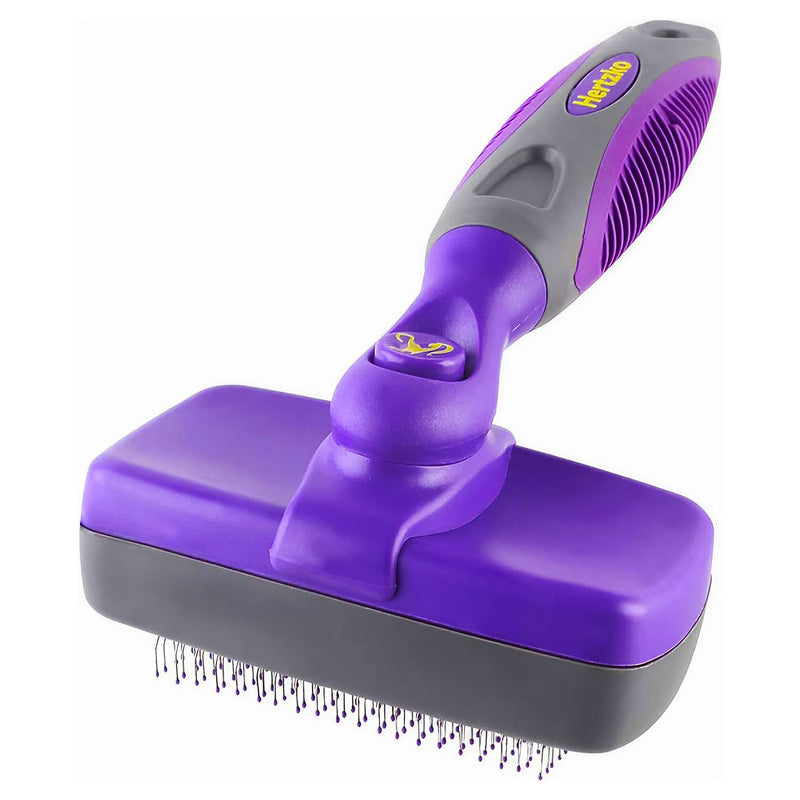 Hertzko Self-Cleaning Slicker Brush - Cat and Dog Brush for Shedding, Tangles and Dirt - Gentle Grooming Tool for Sensitive Skin - Pet Hair Remover for Long and Short Coats - Purple Large - PawsPlanet Australia