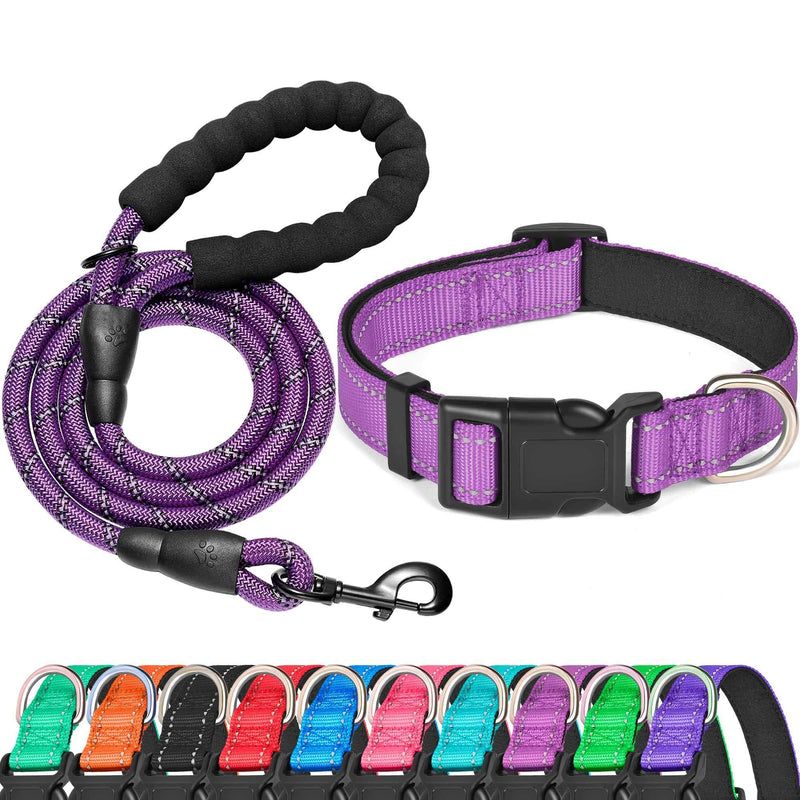 Reflective Dog Collar Padded with Soft Neoprene Breathable Adjustable Nylon Dog Collars for Small Medium Large Dogs (Small (Pack of 1), Purple Collar+Leash) Small (Pack of 1) - PawsPlanet Australia