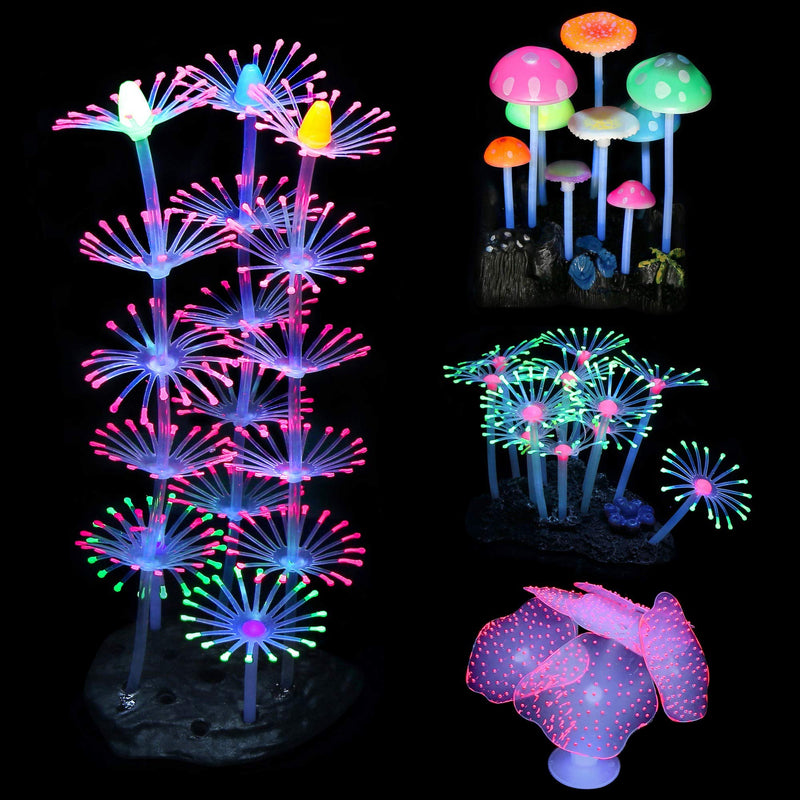 Lpraer 4 Pack Glow Aquarium Decorations Coral Reef Glowing Mushroom Anemone Simulation Glow Plant Glowing Effect Silicone for Fish Tank Decorations 4 Pcs(coral Reef+branch Coral+mushroom+anemone) - PawsPlanet Australia