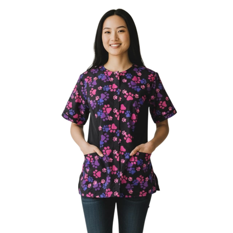 Ladybird Line 725 Pink Purple Paw Waterproof Grooming Smock, Hair Bleach Resistant, Solid Black Back, Adjustable Back Belt Medium - PawsPlanet Australia