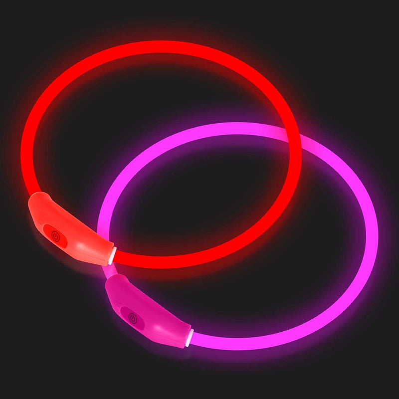 2-Pack LED Dog Collar, Light Up Dog Collars,Rechargeable Dog Lights for Night Walking，Universal, Reusable Safety Necklace for Small Medium Large Dogs RED&Pink - PawsPlanet Australia
