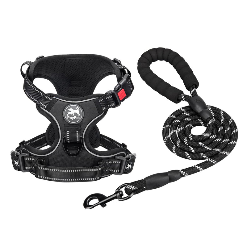 PoyPet Dog Harness and Leash Combo, Escape Proof No Pull Vest Harness, with 5 Feet Leash, Reflective Adjustable Soft Padded Pet Harness with Handle for Small to Large Dogs(Black,L) L Black - PawsPlanet Australia