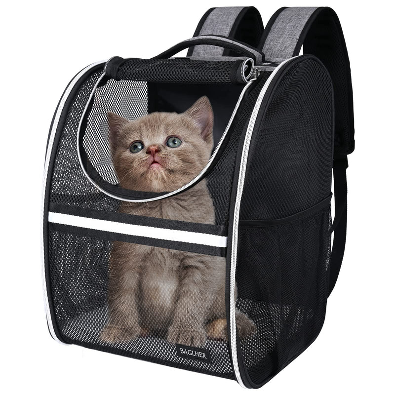 BAGLHER Pet Carrier Backpack, Ventilated Design, Pet Travel Backpack with Comfortable Shoulder Straps, Thicker Bottom Support, Two-Way Entrance Pet Carrier Backpack, Black Mesh Black Non-Expandable