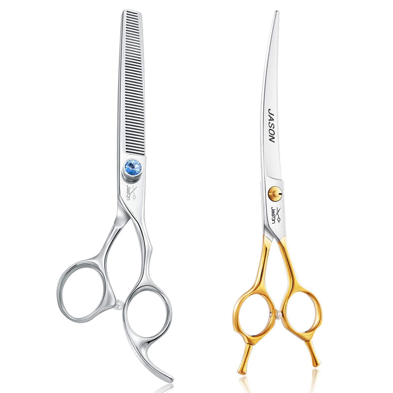 JASON 7" 50 Teeth Thinning Dog Grooming Scissor, 7.5" Curved Dog Grooming Scissors, Cats Grooming Shears Pets Trimming Kit for Right Handed Groomers, Sharp, Comfortable, Light-Weight Shear - PawsPlanet Australia