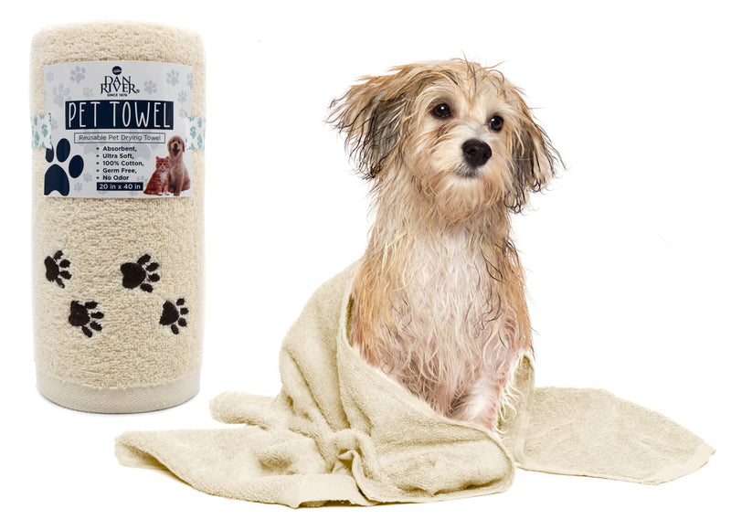 DAN RIVER 100% Cotton Dog Bath Towel Ultra Soft 450 GSM Super Absorbent Quick Drying Paw Embroidered Pattern and Lint-Free Cat, Puppy & Pet Grooming Towel | 20x40 inches | Cat Hair, Short Bread Shortbread - PawsPlanet Australia