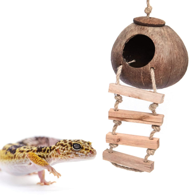 Gecko Coconut Husk Hut, Bird Hut Nesting House Hideouts Hanging Home, Treat & Food Dispenser, Durable Cave Habitat with Hanging Loop for Crested Gecko, Reptiles, Amphibians and Small Animals Coconut Husk Hut with Ladder