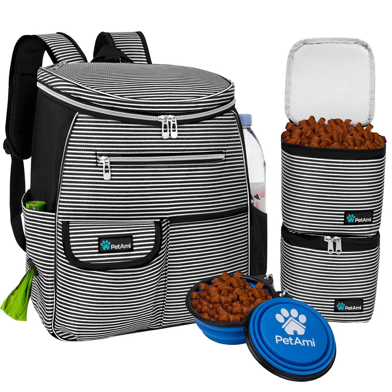 PetAmi Dog Travel Bag Backpack, Airline Approved Dog Bags for Traveling, Puppy Diaper Bag Supplies, Pet Camping Essentials Hiking Accessories Dog Gift, Food Container, Collapsible Bowls, Stripe Black One Size (Pack of 1) - PawsPlanet Australia