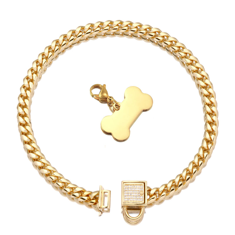 Jewelry Kingdom 1 Dog Chain Collar with Tag and Ice-Out Cubic Zirconia Stones Secure Buckle 18K Metal Stainles Steel Cuban Link Chain 6MM Walking Training Collar 10in to 20in for Dog Puppy Cats Kitty 12" (Fits cat Neck 10" to 11.5") - PawsPlanet Australia