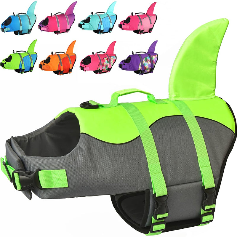 Doglay Dog Life Jacket, Ripstop Cute Shark Dog Life Jacket with Superior Buoyancy and Rescue Handle, Adjustable Dog Life Vests for Swimming Boating, Pet Flotation Vest for Small Medium Large Dogs X-Large Green-Shark - PawsPlanet Australia