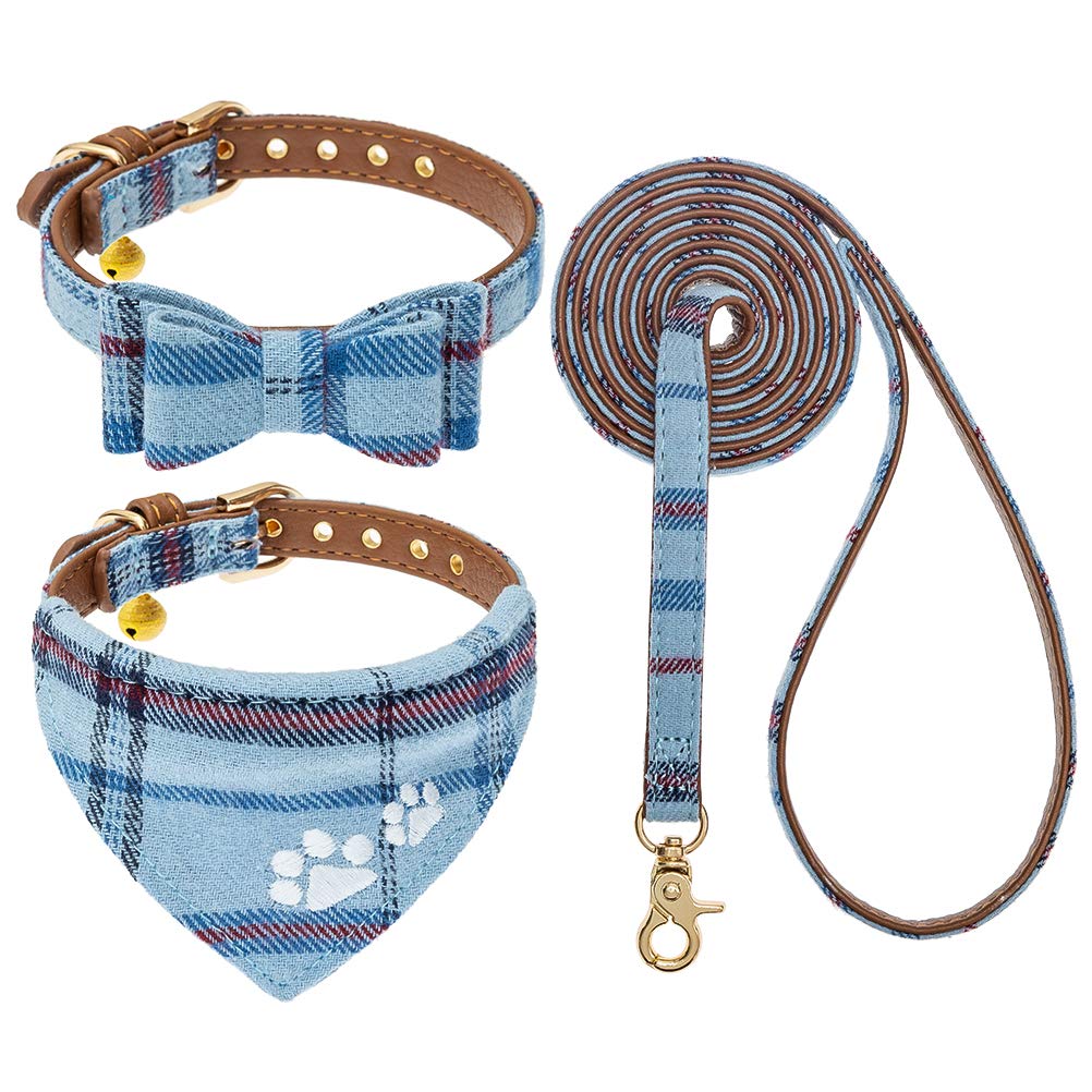 Dog Leash Collar Set - 3 Pack Plaid Pattern Adjustable Escape Proof Leash Collar Set for Outdoor Walking Small Blue