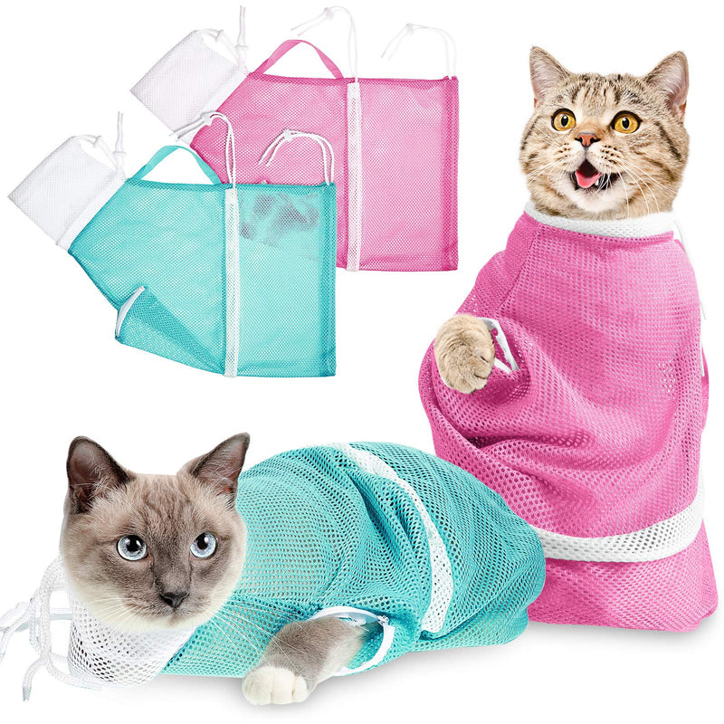 2 Pieces Cat Bathing Bag Cat Shower Net Bag Anti-Bite Anti-Scratch Restraint Bag Adjustable Multifunctional for Bathing, Nail Trimming, Pet Examination, Ears Clean, Keep Pet Calm Pink, Green