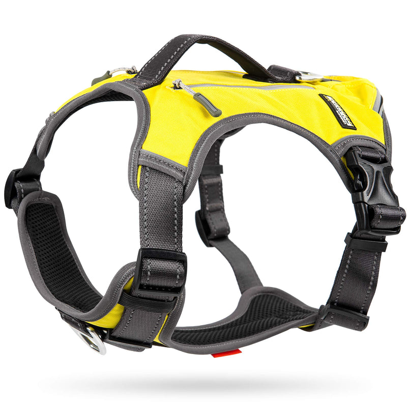 Fida Dog Harness, Multi-Functional No-Pull Pet Vest Harness with Saddle Bags Backpack, Front Leash Clip, Adjustable Soft Padded Reflective No-Choke Dog Vest Heavy Duty for Small Dog, S, Yellow Small (Neck:14"-18";Chest:20"-22.5") - PawsPlanet Australia