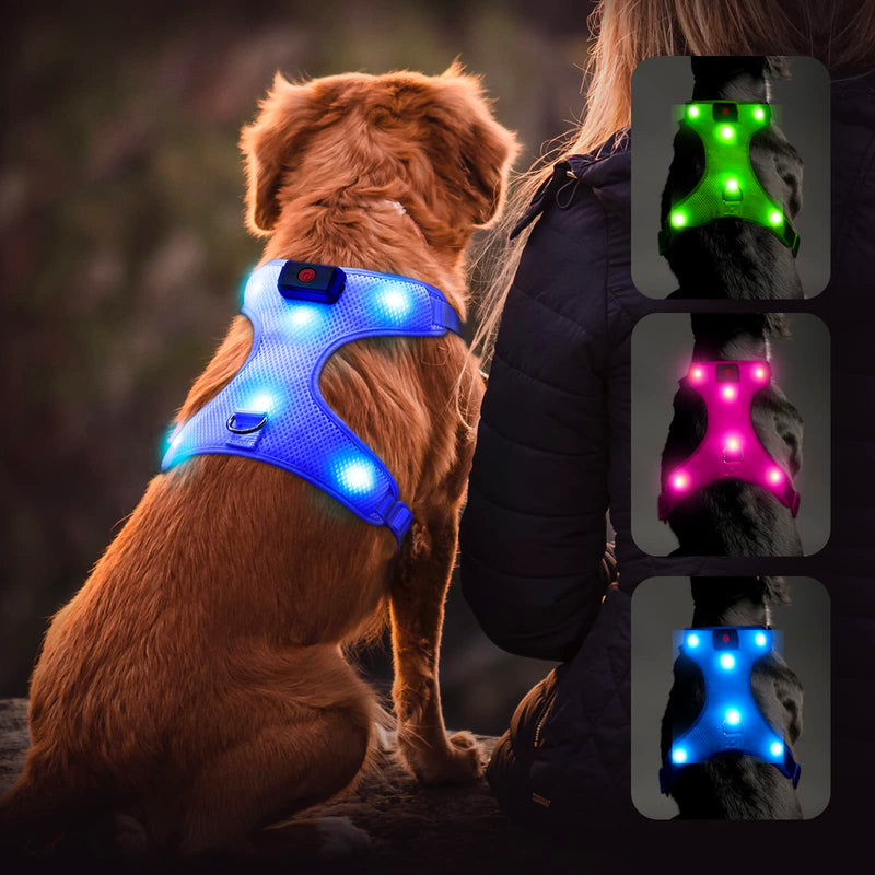 Flashseen LED Dog Harness, Lighted Up USB Rechargeable Pet Harness, Illuminated Reflective Glowing Dog Vest Adjustable Soft Padded No-Pull Suit for Small, Medium, Large Dogs (Blue, L) Blue - PawsPlanet Australia