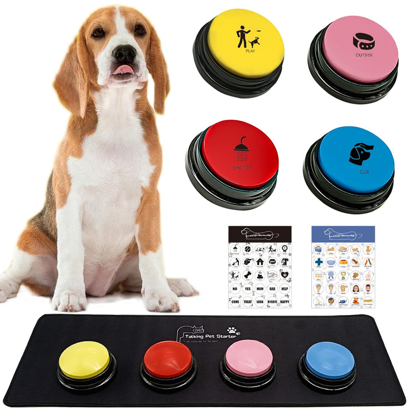 Set of 4 Dog Communication Button Set Recorable Button Dog Talking Button HD Sound 30s Pet Talking Button with Non-Slip Mat,50 Pet Training Stickers Teach Your Beloved Pets to Speak 6 pack - PawsPlanet Australia
