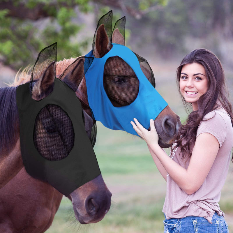 Weewooday 2 Pieces Horse Fly Masks for Horses Horse Mask with Ears Smooth and Elasticity Fly Mask with UV Protection(Blue, Black,L) L Blue, Black - PawsPlanet Australia