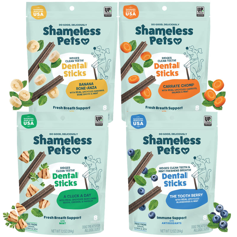 Shameless Pets Dental Chews for Dogs, Variety (4-Pack) - Natural Dog Teeth Cleaning Treats with Fresh Breath Benefits | Grain-Free Dental Sticks for Small, Medium & Large Dogs Variety Pack 7.2 Ounce (Pack of 4) - PawsPlanet Australia