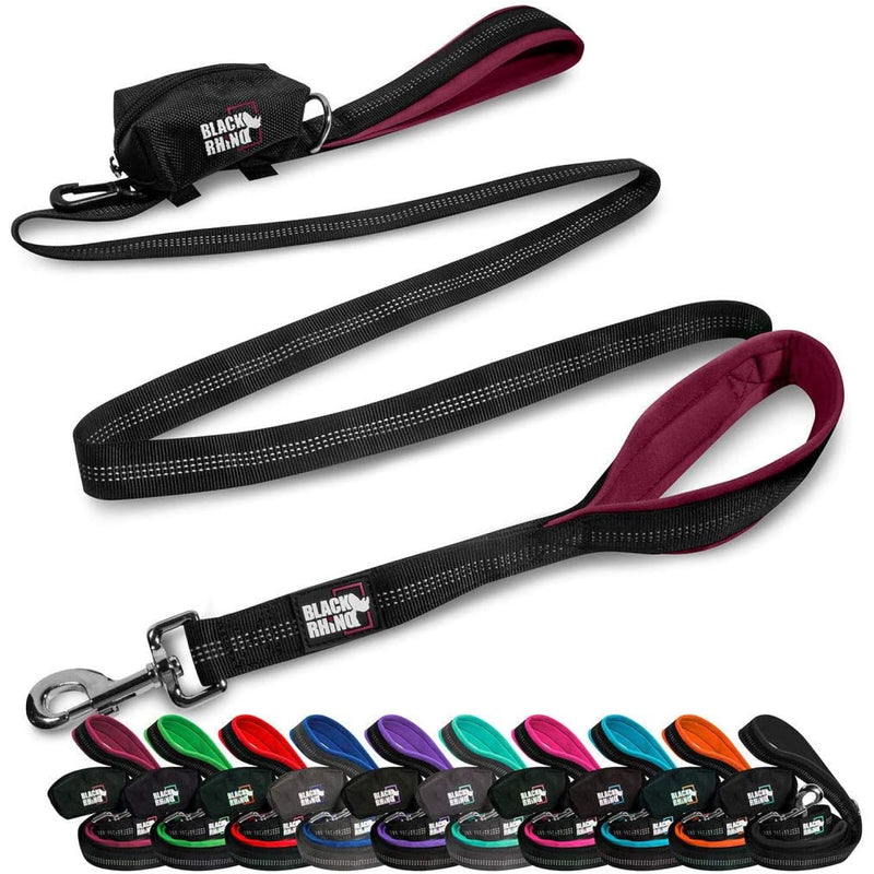 Black Rhino Heavy Duty Dog Leash for Medium and Large Dogs - 6 ft Long Double Handle Leash with Padded Traffic Control Handles and Bag - Reflective, Durable, and Weather Resistant (Burgundy) Burgundy - PawsPlanet Australia