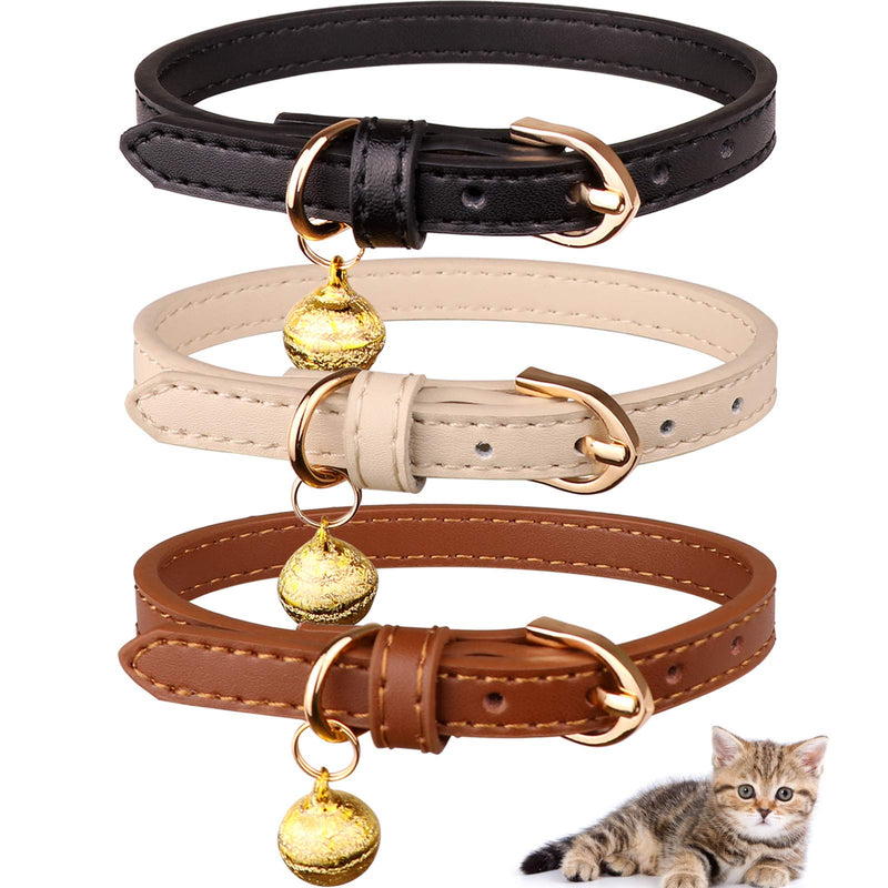 3 Pack Leather Cat Collars with Bells Soft Pet Safety Collar Kitten Collars with Bell Black Chocolate Beige(S) S: 8.6"-10.6" Black+Chocolate+Beige - PawsPlanet Australia
