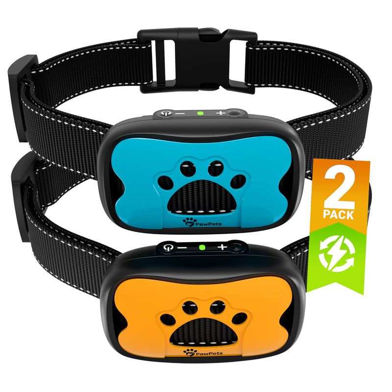 Rechargeable Anti Bark Collar - No Shock Training Dog Collar - Humane with Vibration and Sound Barking Collar for Small Medium Large Dogs - 2 Pack Blue Orange (Rechargeable) Orange & Blue Rechargeable - PawsPlanet Australia