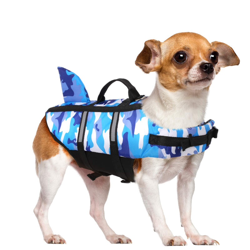 Queenmore Dog Life Jacket Pet Safety Vest High Buoyancy Camouflage Color Cute Shark with Strong Rescue Handle and Leash Ring for Boating, Canoeing, Surfing, Hunting X-Small Blue Camo
