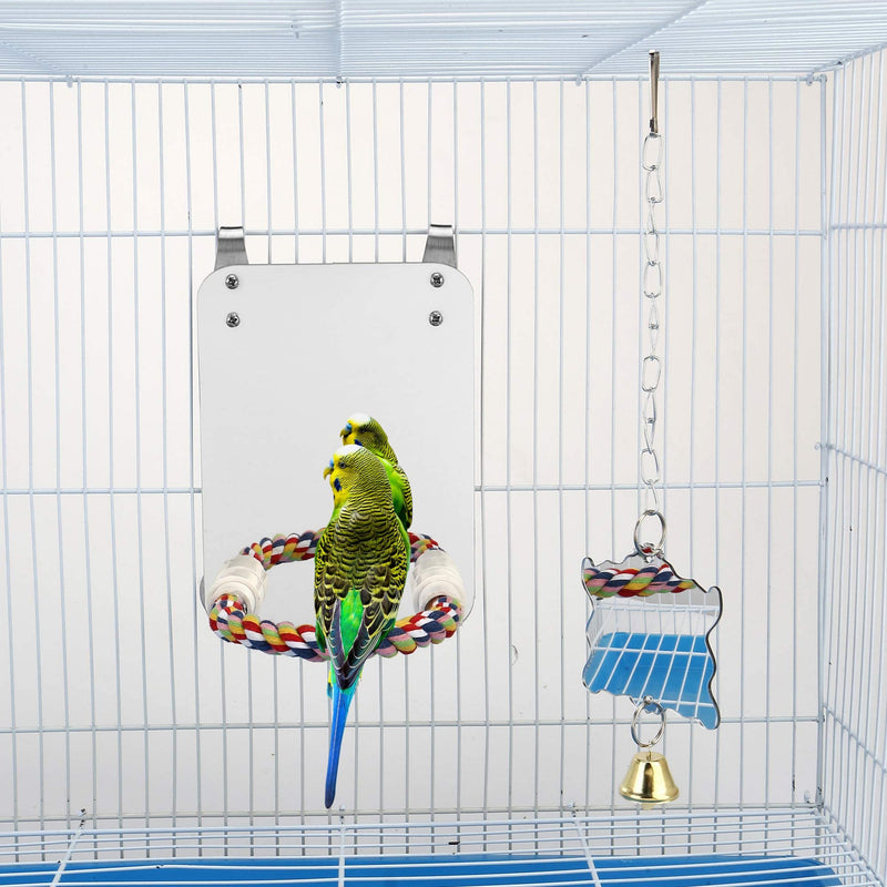 Filhome Bird Mirror with Rope Perch Stand, Cockatiel Parakeet Mirror for Cage Bird Toy Swing Cage Accessories for Parrot Conure Lovebirds Finch Canaries