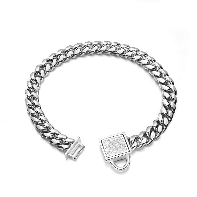 Dog Chain Collar 10mm Wide Cuban Link Puppy Collar 316L Stainless Steel with CZ Diamond Lock Bling Collar for Medium Dogs(10mm Silver,16inch) Silver, width 10mm 16inch