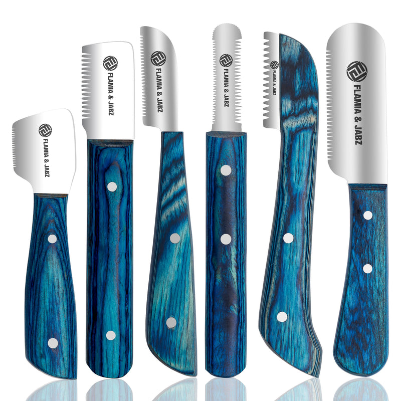 FLAMIA & JABZ FJ Professional Stripping Knife kit (6 pieces set) for Dogs & Pets, Wooden Handle Grip with Stainless Steel Blade (Right handed) (Blue) Blue - PawsPlanet Australia