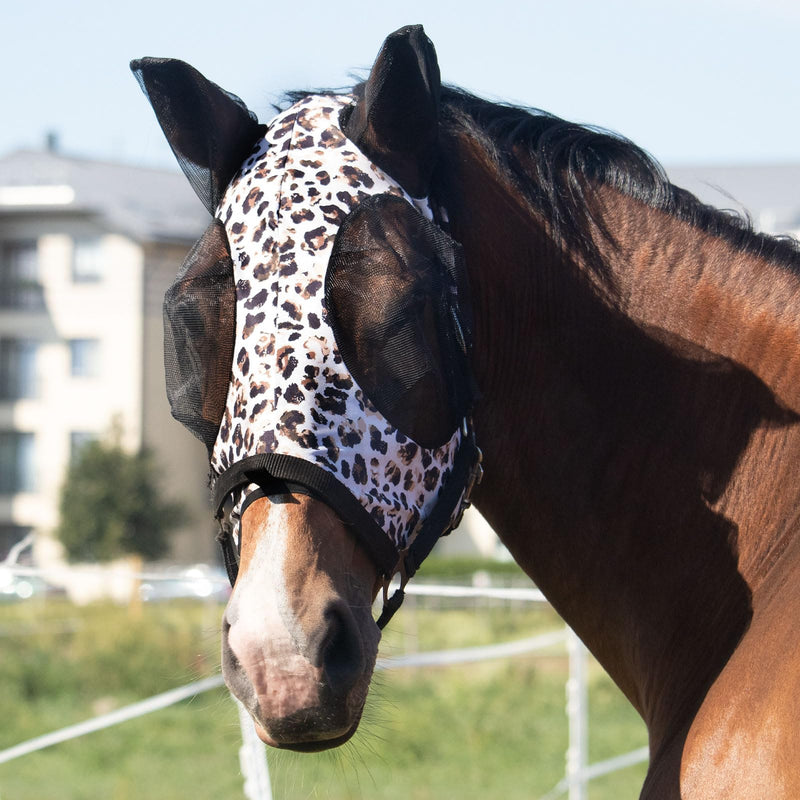 Harrison Howard Super Comfort Stretchy Fly Mask Large Eye Space with UV Protection Soft on Skin with Breathability Leopard Print M Cob Cob (Medium) - PawsPlanet Australia