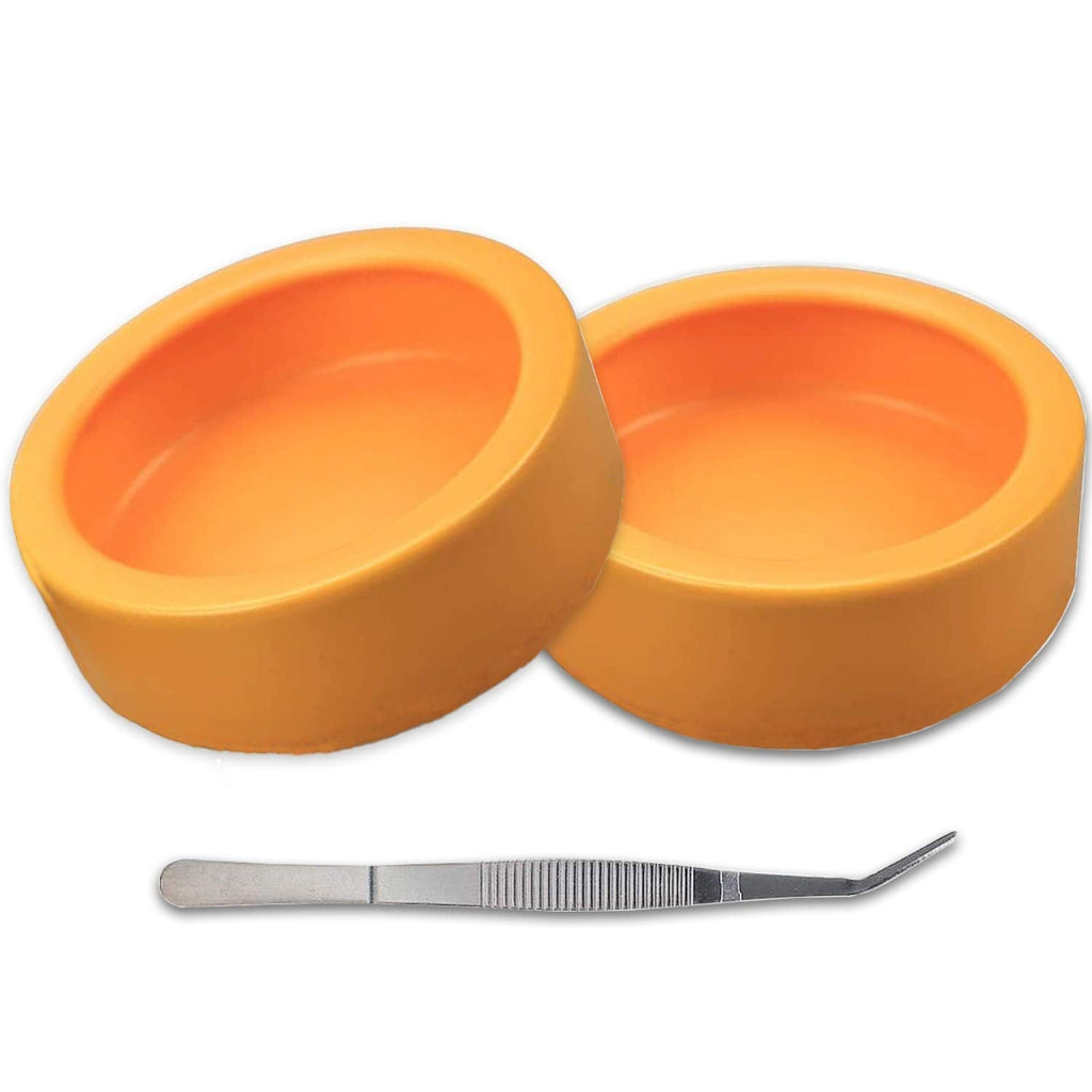 2 Pack Worm Dish Reptile Food Bowl Bearded Dragon Ceramic Bowl with Feeding Tongs Yellow-Large