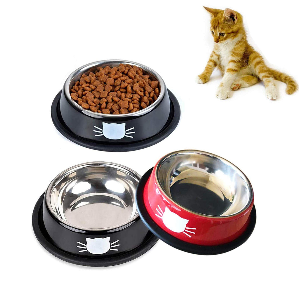 3 PCS Cat Bowls,SUOXU Stainless Steel Pet Bolws,Non-Skid Base Leak-Proof Cats Food Bowl,Feeding Bowls for Cats,Cat Water Bowl with Cute Cats Painted Black*2/red