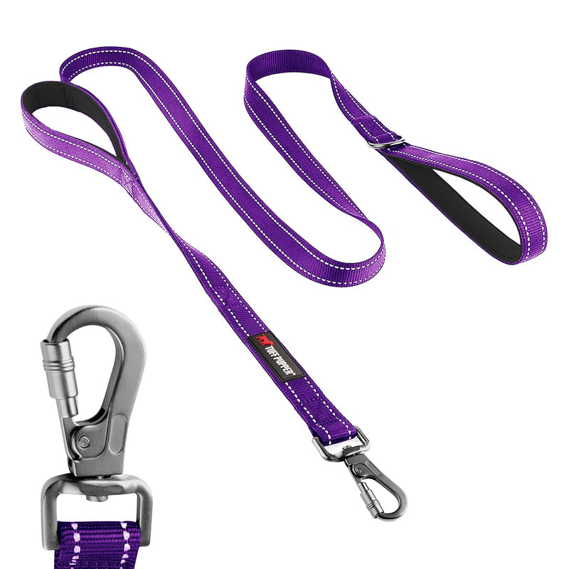 Tuff Pupper Heavy Duty Double Handle Leash | Twist Locking Carabiner Clip | Safety Lock for Strong Dogs | Reflective for Safe Night Walks | 6 Foot Leash | For Medium & Large Dogs Purple - PawsPlanet Australia